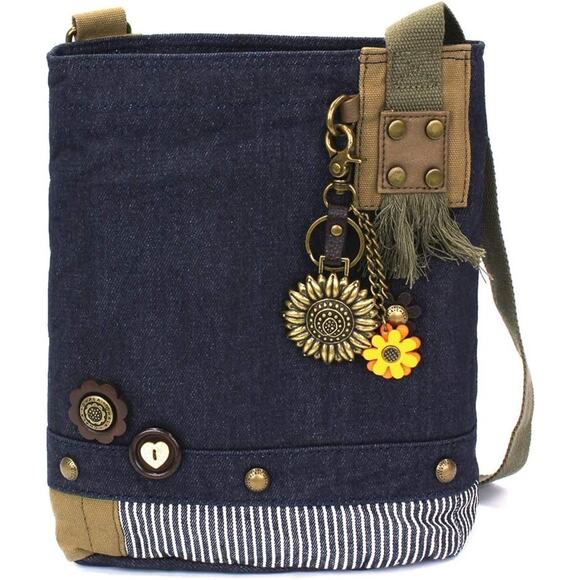 Chala Cotton Canvas Crossbody Bag Handbag - Metal Sunflower Key Fob, Denim NWT - Picture 1 of 6